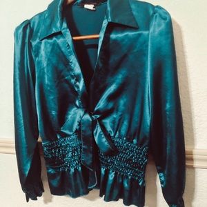 Teal Satin Tie Blouse